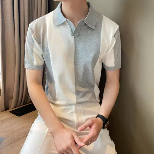 New Summer Knitted Shirt Men's Golf Top Quick Drying Breathable Cool Color Blocked Short Sleeved Men's V-neck Polo Shirt