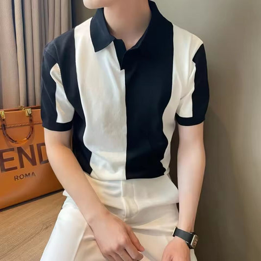 New Summer Knitted Shirt Men's Golf Top Quick Drying Breathable Cool Color Blocked Short Sleeved Men's V-neck Polo Shirt